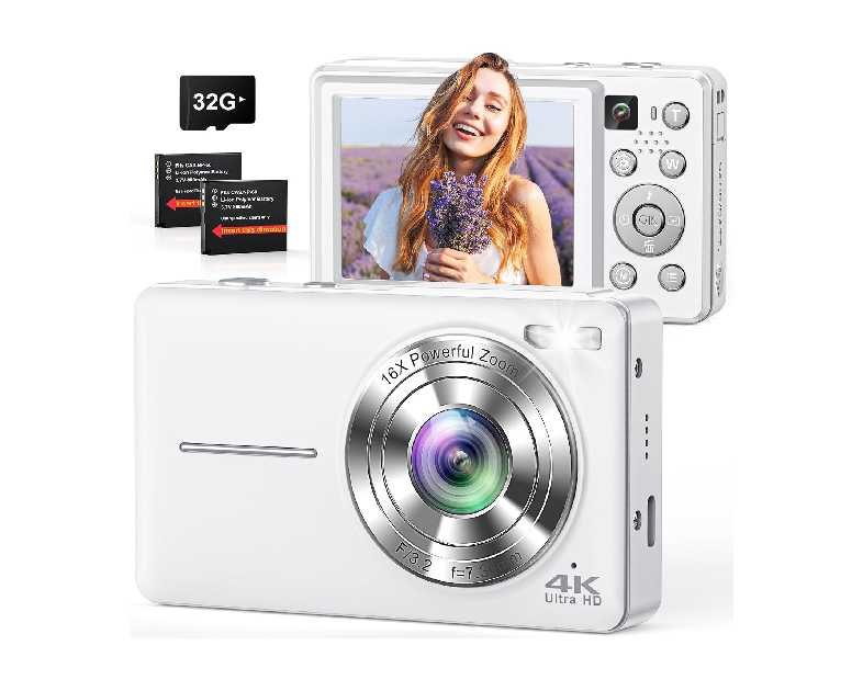 Digital Camera, 4K 64MP Cameras for Photography, Point and Shoot Digital Camera with Auto Focus, Dual Camera, Flash, 16X Zoom, Anti Shake, 32GB Card, Compact Vlogging Camera for Teens, Adults