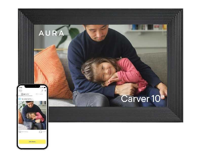 Aura Carver HD WiFi Digital Picture Frame, 10.1”, Add Photos with Aura App, Free Unlimited Storage - Wirecutter’s Pick for Best Digital Photo Frame 2022 - Gravel