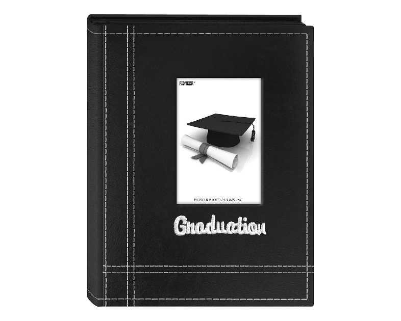 Pioneer Photo Albums 36-Pocket Sewn Leatherette Embroidered "Graduation" Theme Frame Cover Album for 4 by 6-Inch Prints, Black