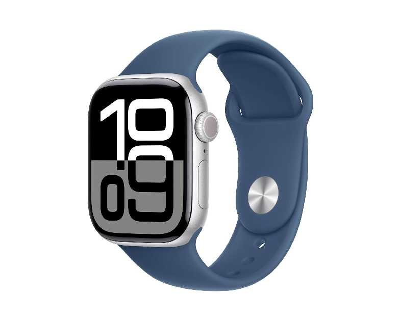 Apple Watch Series 10 [GPS, 46mm] - Silver Aluminum Case with Denim Sport Band, S/M (Renewed)