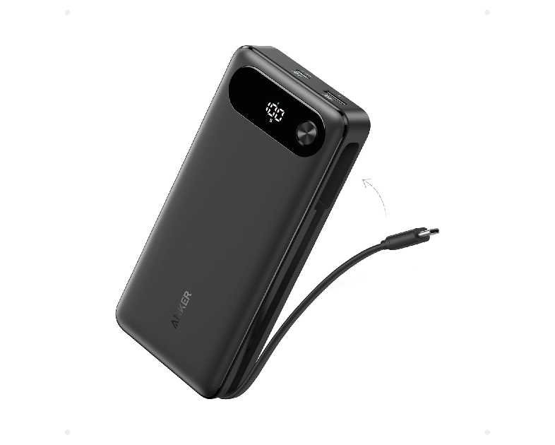 Anker Power Bank, 20,000mAh Travel Essential Portable Charger with Built-in USB-C Cable, 3-Port 87W Max Fast Charging Battery Pack, for MacBook, iPhone 16/15 Series, Samsung, Switch, and More