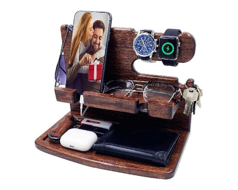 Gifts for Men Women Dad Husband Boyfriend Wood Phone Docking Station Nightstand Organizer for Men Birthday Gifts (Dark Brown)