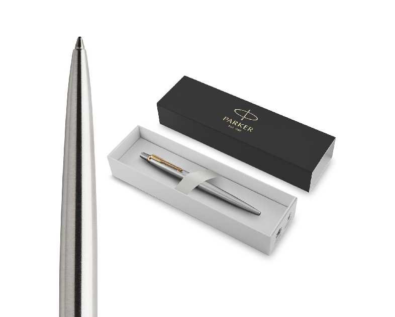 Parker Jotter Ballpoint Pen Stainless Steel with Golden Trim Medium Point Blue Ink Gift Box (953182)