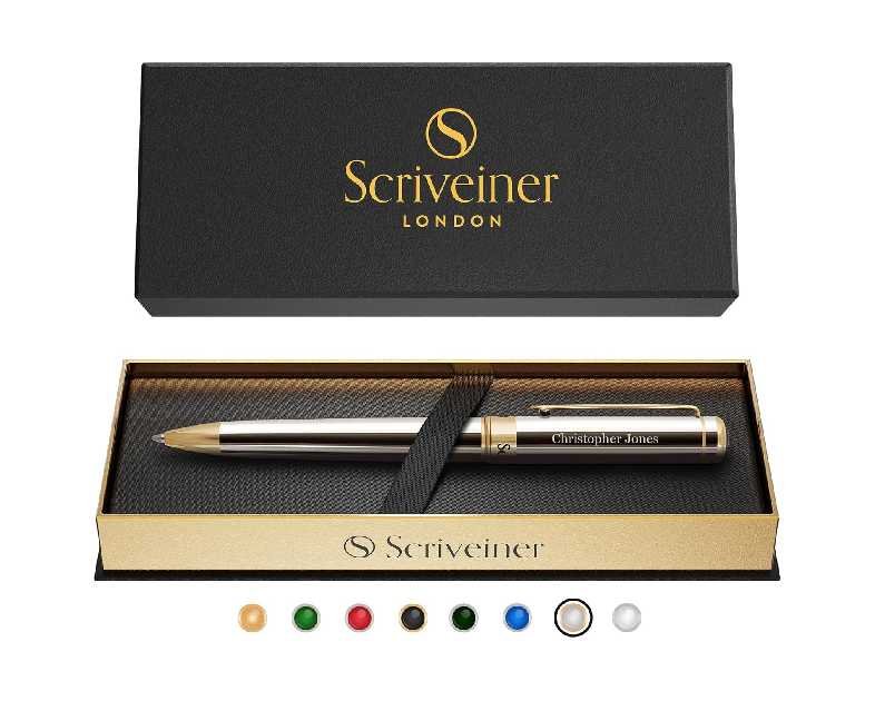 Scriveiner Personalized Silver Chrome Ballpoint Pen - Stunning Luxury Pen, Real Gold Plating, Schmidt Ink Refill, Best Engraved Ball Point Gift Set for Men & Women, Custom Name Engraving