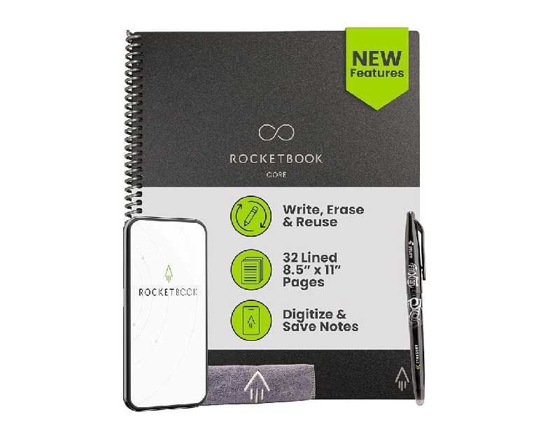 Rocketbook New Core Reusable Spiral Notebook, Letter Size 8.5x11, Black - Lined Pages, App-Connected, Erasable, Durable Cover, Ideal for School, Work, and Creative Projects