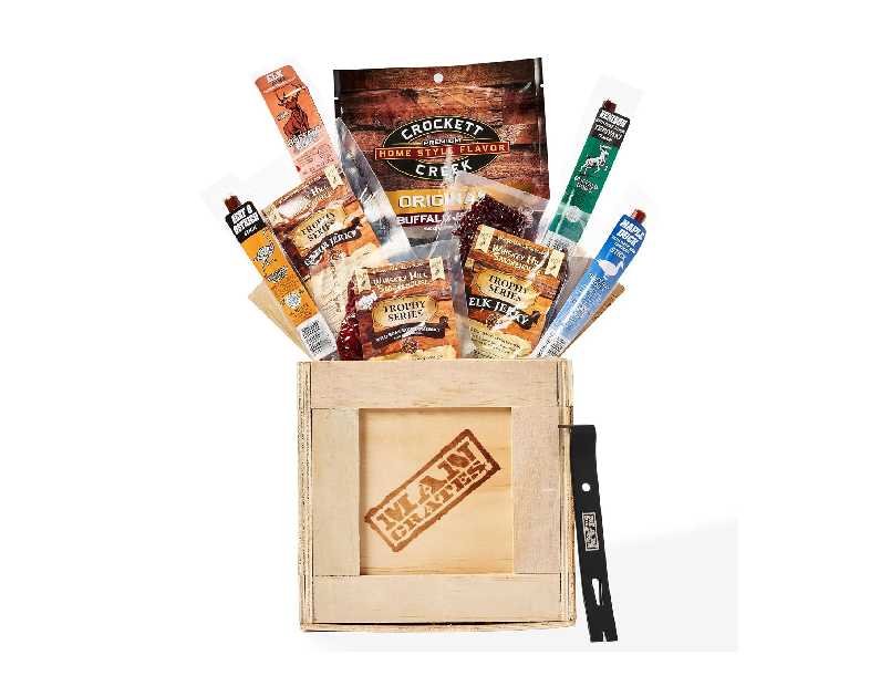 Man Crates, Exotic Meats Crate – Includes 8 Rare Jerky Flavors Like Venison, Alligator, Elk – Ships In A Sealed Wooden Crate With A Laser-Etched Crowbar