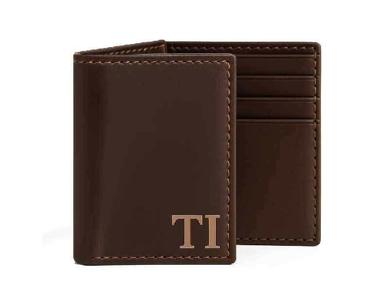Black Mens Genuine Leather Monogrammed Tri-Fold Wallet with Custom Personalization Brown