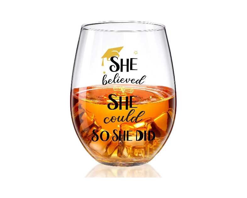 She Believed She Could So She Did Stemless Wine Glass, Congratulation Wine Glass for Girl Women Friend Sister for Graduation University Nursing Grad Celebration High School College Party Decor, 17 oz