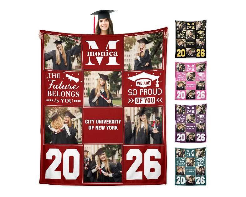 Ship Next Day, Senior 2026 Gifts Custom Graduation Blanket with Photos- Print in USA,Personalized Class of 2026 Graduation Blankets Customized Throw Blanket Graduation Gifts for Her Him