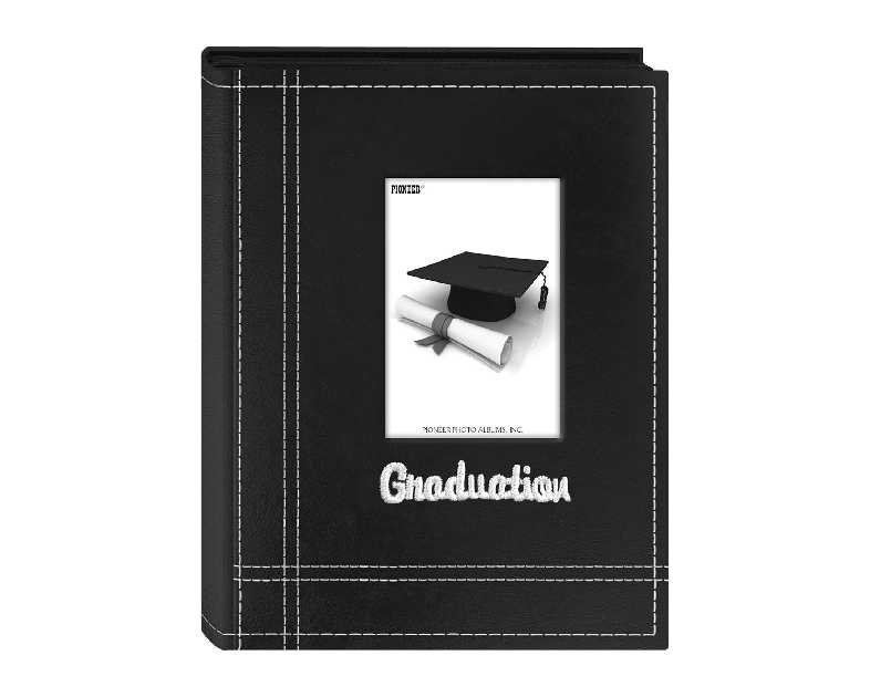 Pioneer Photo Albums 36-Pocket Sewn Leatherette Embroidered "Graduation" Theme Frame Cover Album for 4 by 6-Inch Prints, Black