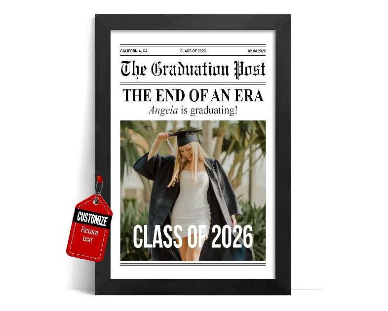 Personalized Graduation Newspaper with Photo Poster - Custom Any Year Class Frame Wall Art, Unique Graduation Gift for Him/Her, Friend, Family, Senior Night, High School or College Keepsake