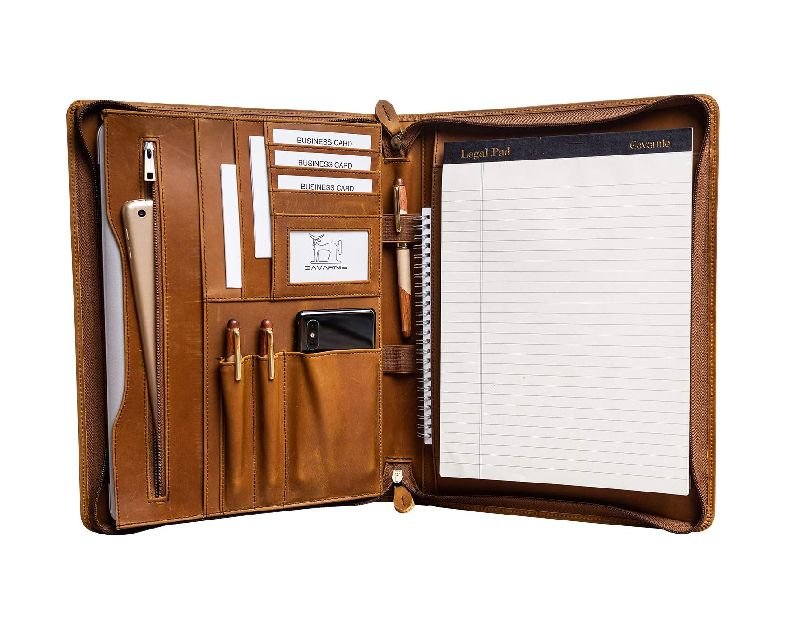 Genuine Leather Professioal Business Portfolio Padfolio Folder with Zipper for Men and Women,Work Portfolio with Notepad for Meeting and Travel, Brown