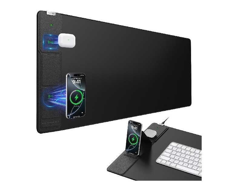 Wireless Charging Mouse Pad with Foldable Phone Holder, 31.5"x15.8" Large Desk Mat for Laptop/Keyboard, Waterproof Ultra-Smooth Surface, Non-Slip Base, Black