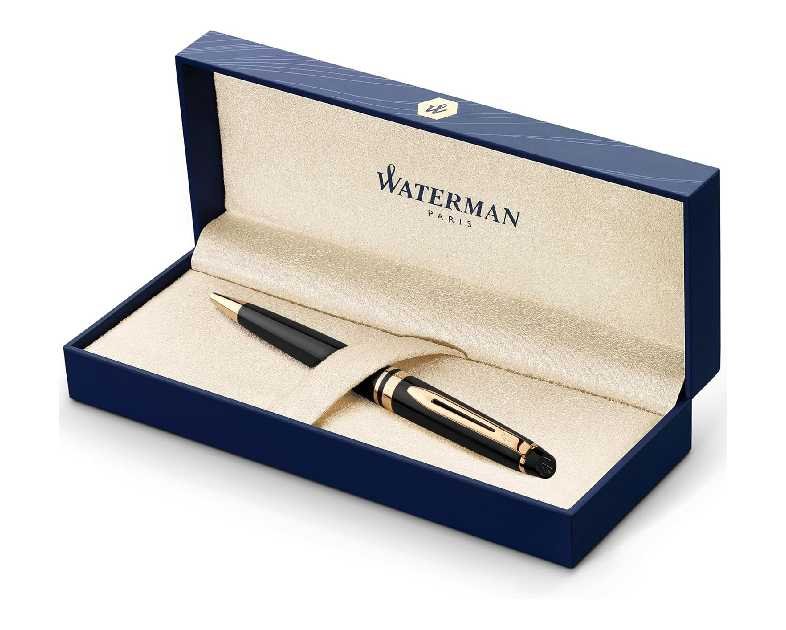 Waterman Expert Ballpoint Pen, Black with Golden Trim, Medium Tip, Blue Ink, Gift Box