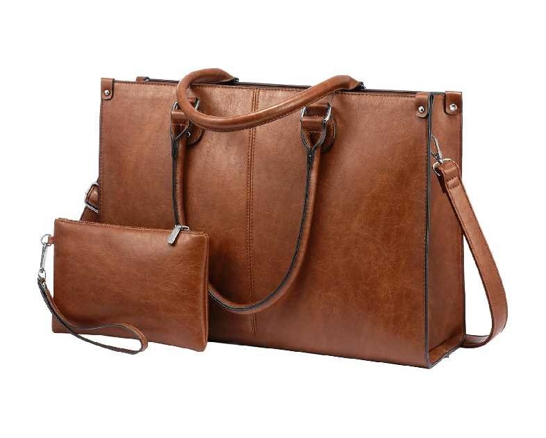 LOVEVOOK Laptop Tote Bag for Women, 15.6 Inch Large Capacity Vintage Leather Work Computer Bag, Business Casual Shoulder Handbag, Dark Brown