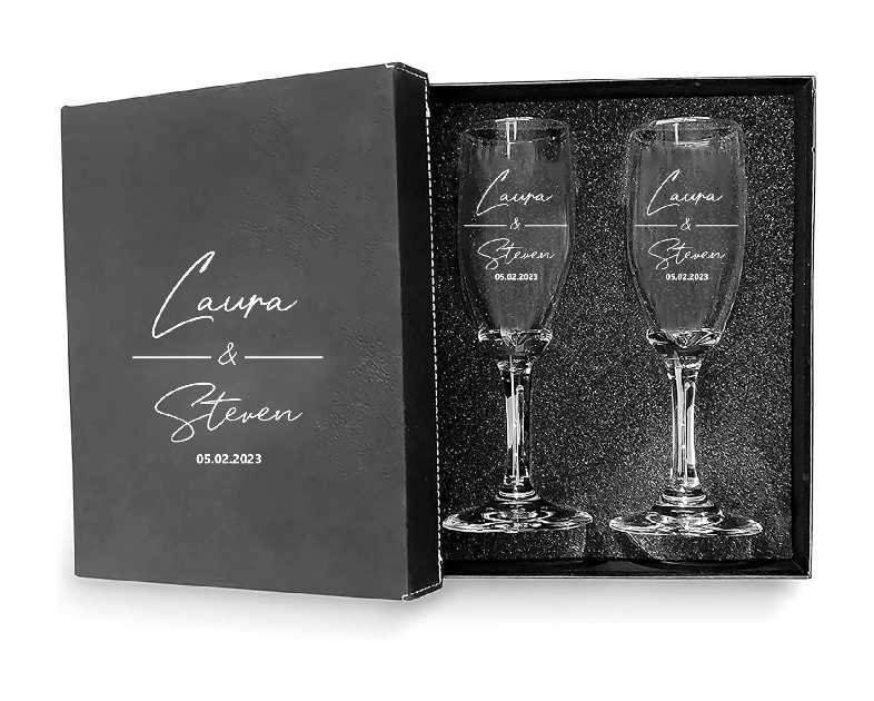 Champagne Flutes, Set of 2 Personalized Glasses with Box, 8 oz, Engraved Wedding Toasting Flutes