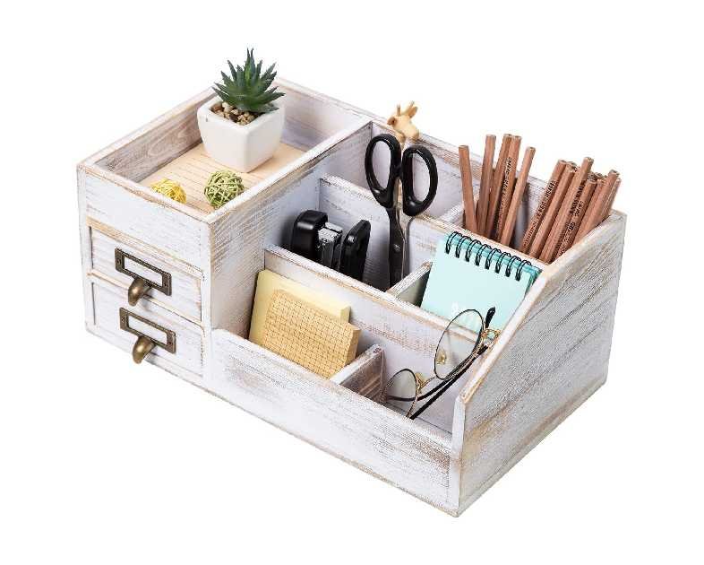 Distressed Rustic Wooden Office Desktop Organizer Shelf Tabletop Home Organizer Storage with Multiple Compartments 2 Tier Drawers perfect Jewelry storage Display Box for Desk Vanity (Washed white)