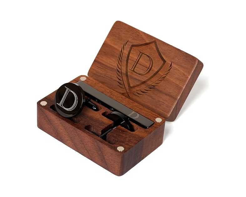 Mens Initial Cufflinks and Tie Clip A-Z Alphabet Letter Black Stainless Cuff Links Tie Bar with Engraved Walnut Wood Box Groom Groomsman Wedding Set