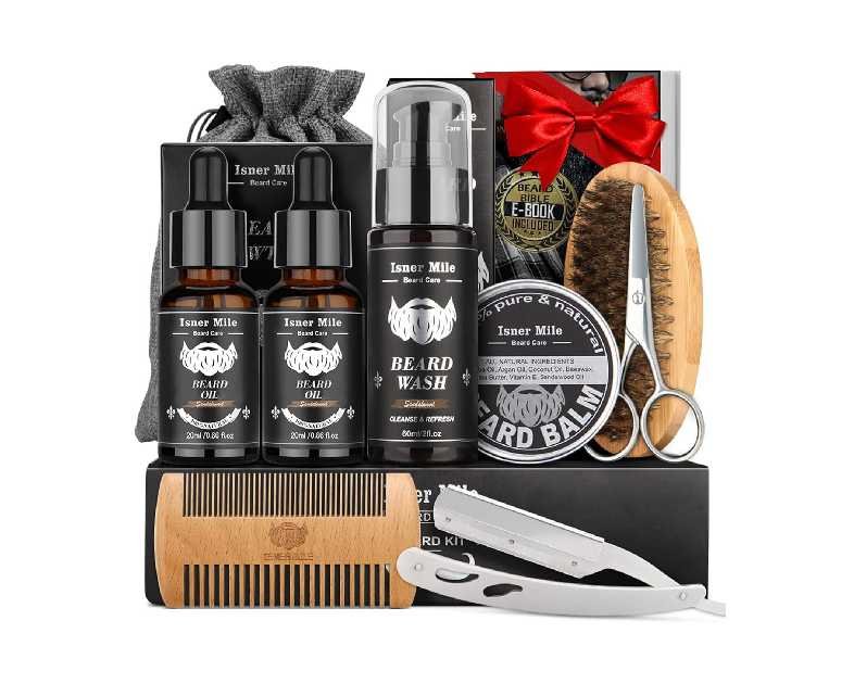 Isner Mile Beard Grooming Kit for Men Care: Trimming Sets with Beard Wash - Oil - Balm - Brush - Comb & Straight Razor, Birthday Christmas Gifts Mens Stocking Stuffers for Him Boyfriend Dad Husband