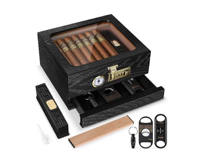 Cigar Humidor, Cedar Wood Humidor Cigar Box, Glass Top Desktop Humidor with Front Hygrometer, Humidifier, Divider, Accessories Drawer and Combination Lock, Cigar Gifts for Men (Black)