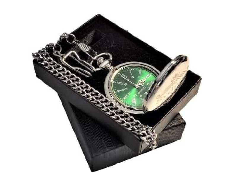 Engraved pocket watch, Green dial watch with Roman numerals, comes with the chain, fitted box and engraving. Vintage style pocket watch personalized