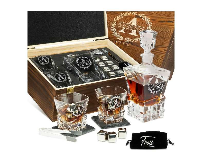 Personalized Whiskey Decanter and Stones Set - Customized Gift for Men, Dad, Father - Engraved Rocks Whiskey Decanter, 2 XL Glasses, 8 Whisky Cubes, 2 Coasters, Tongs, Pouch in Wooden Gift Box