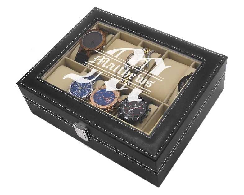 My Personal Memories, Custom Personalized Watch Storage Box Case - Name Initial - Groomsmen Fathers Day Gift - Engraved (Black)