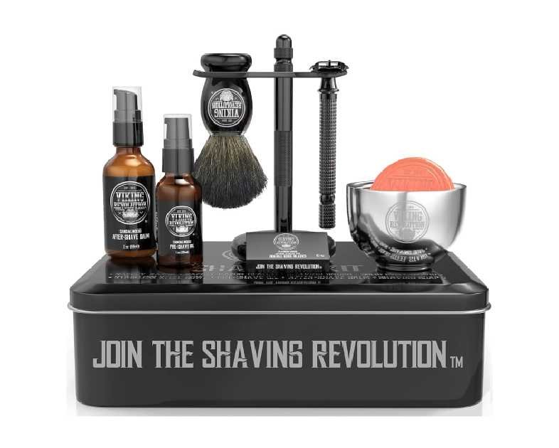 Viking Revolution Luxury Safety Razor Shaving Kit - Includes Double Edge Safety Razor, Stand, Bowl, After-Shave Balm, Pre-Shave Oil, Badger Brush - Safety Razor Kit