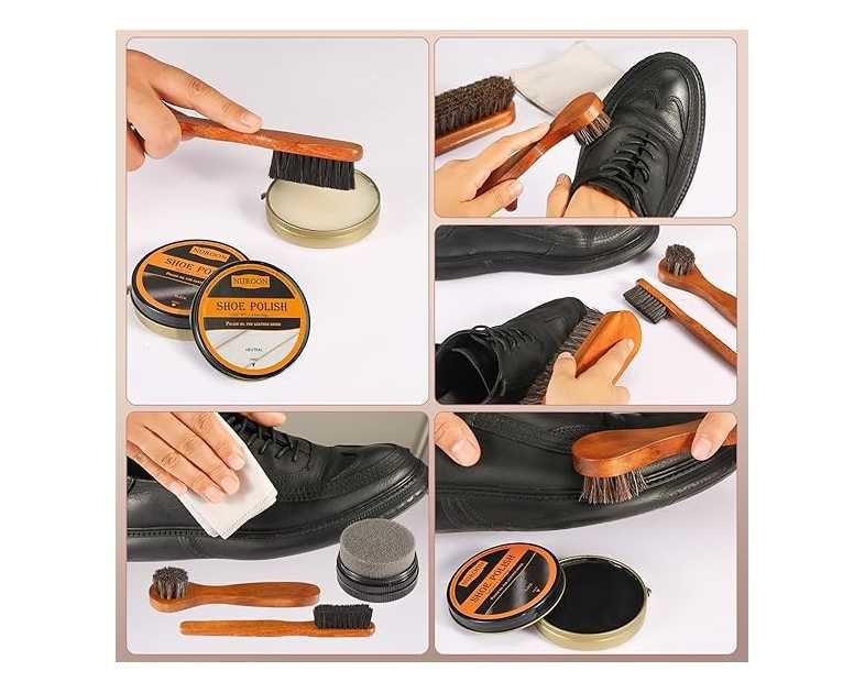 13Pcs Polish Kit for Men & Women - 3 Horsehair Brushes, Black Brown Neutral Mink Oil for Shoes, Boots Shine Care Kit