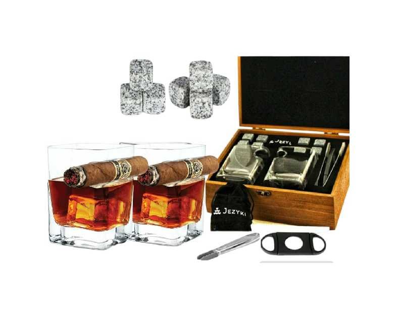 Whiskey Cigar Glass Set – Cigar Holder Glass with Granite Ice Cubes & Cutter – Luxury Gift for Men Who Love Whiskey & Cigars – Premium Gift Box for Dad, Husband, or Groomsmen