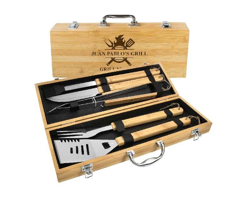 Personalized BBQ set box for men, custom engraved name outdoor cooking barbecue master grilling utensil accessories kit for dad & husband, father’s day gift (Customized)