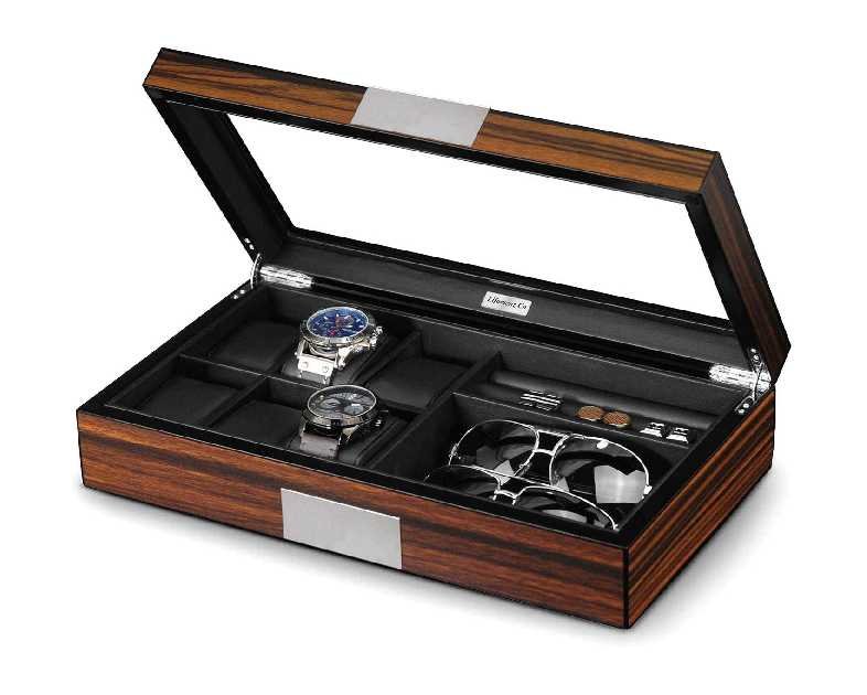 Men's 6 Slot Watch Box, 8 Pair Cufflinks & Sunglasses Display Case, Brown PU Leather & Glass Top
