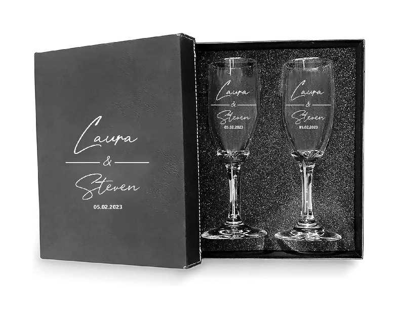 Champagne Flutes, Set of 2 Personalized Glasses with Box, 8 oz, Engraved Wedding Toasting Flutes