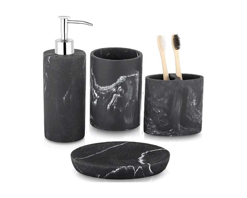 ZCCZ Bathroom Accessories Set, 4-Piece Marble Pattern with Soap Dispenser, Toothbrush Holder
