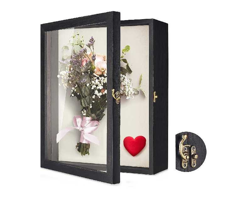 TJ.MOREE Flowers Shadow Box Display Case 11 x 14 Large Shadowbox Frame with Glass Window Door Wedding Bouquet Medals Photos Memory Box for Keepsakes - Rustic Black