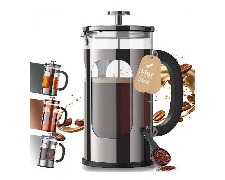 Veken French Press Coffee Maker 34oz 1 L, No Plastic Touching Cafe, Heat Resistant Thickened Borosilicate Glass, Stainless Steel Brewer,Cold Brew Cafetera Teapot for Kitchen Travel Camping,Dark Pewter
