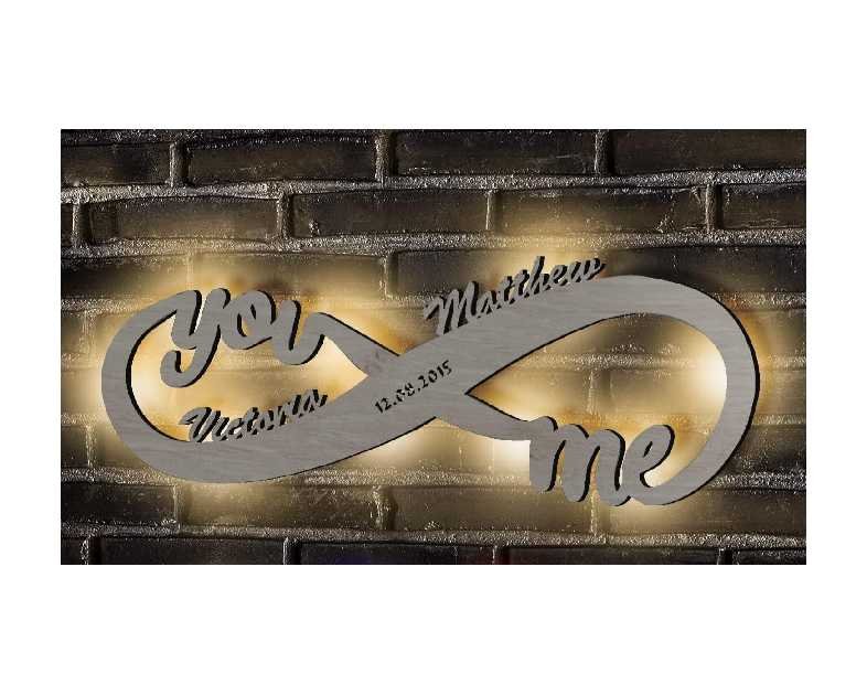 Infinity Wall Decor - Personalized LED Wooden Night Light - Couples Names - Infinity Sign for Valentines, Wedding, Anniversary - With Love - 12"x4" or 22"x8"