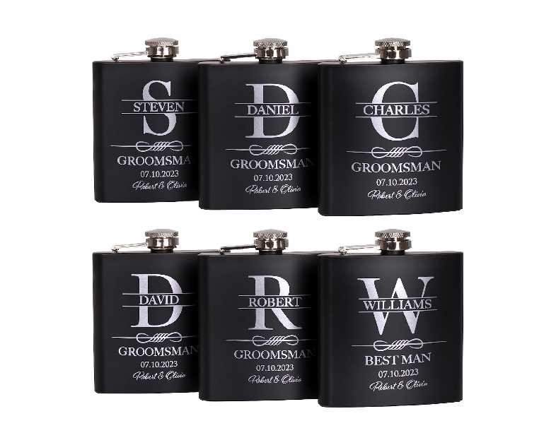 Set of 6, Groomsmen Gifts for Wedding | Personalized Groomsmen Flasks w/Optional Gift Box, Bachelor Party Team, 6 oz. Custom Engraved Hip Flasks for Best Man and Groomsman Proposal #3, Stainless Steel