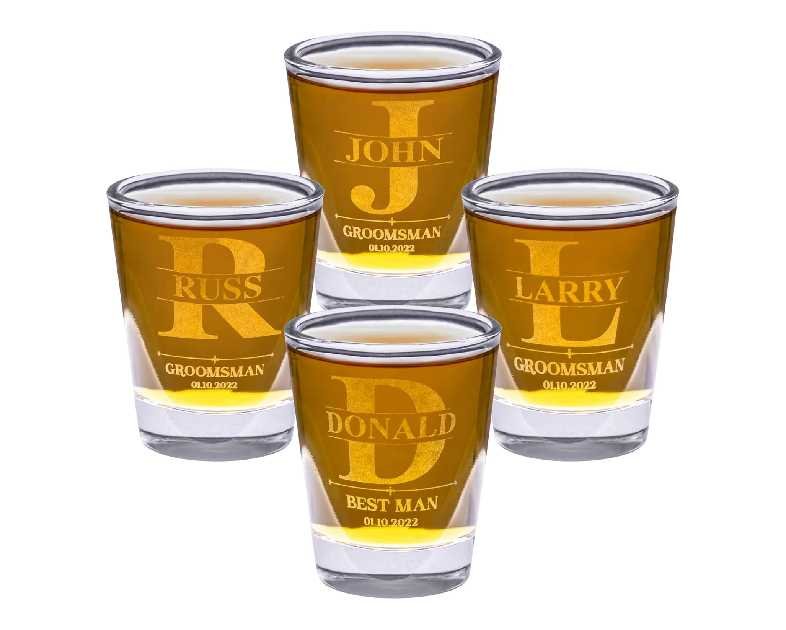 Gifts Inscribed Personalized Shot Glasses Set of 4 – Custom Engraved Groomsmen Glasses – Wedding, Bachelor Party, Drinking Gift for Men, Whiskey Vodka Tequila Shooters
