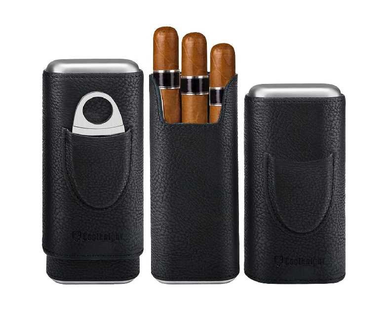 COOL KNIGHT Leather Cigar Case - Cedar Wood Lining Travel Humidors for Cigars - Cigar Accessories Include Stainless Steel Cigar Cutter - Cigar Gift Box for Cigar Lovers (Black)