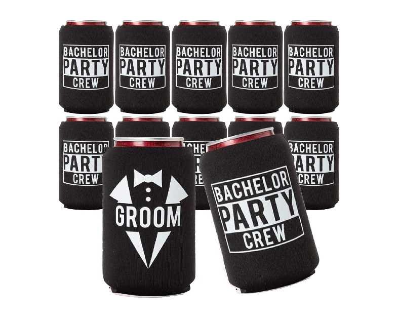 Groom and Bachelor Party Crew Squad Bachelor Party Can Coolers, Set of 12 White and Black Beer Can Coolies, Perfect Bachelor Party Decorations and as Grooms Men Gifts