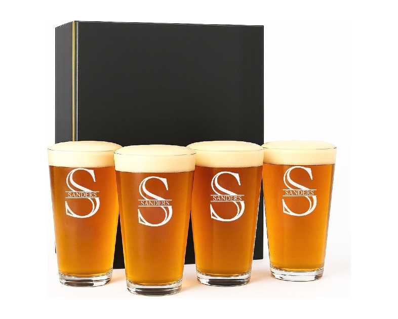 Personalized Beer Glass Set of 4 - Custom Engraved Drinking Pint Glasses - Great Gifts for Men, Women, Family - For Valentine's, Anniversary, Housewarming, Christmas