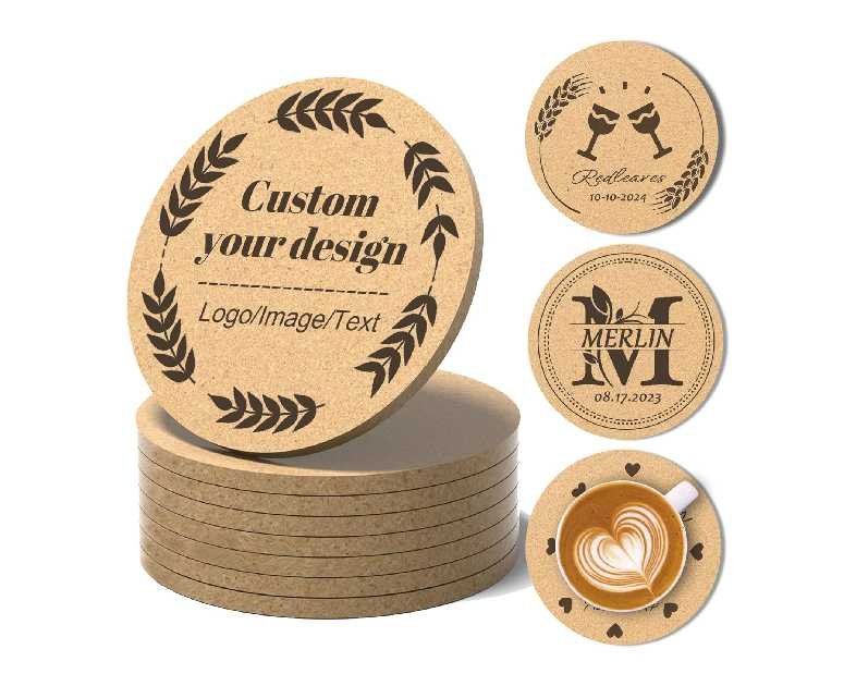 30-100Pcs Personalized Coasters, Custom Cork Drink Coasters with Laser Engraved Text Name Logo, Non-Slip, Heat-Resistant, Custom Wedding, Anniversary, Housewarming Gifts (Regular Version)