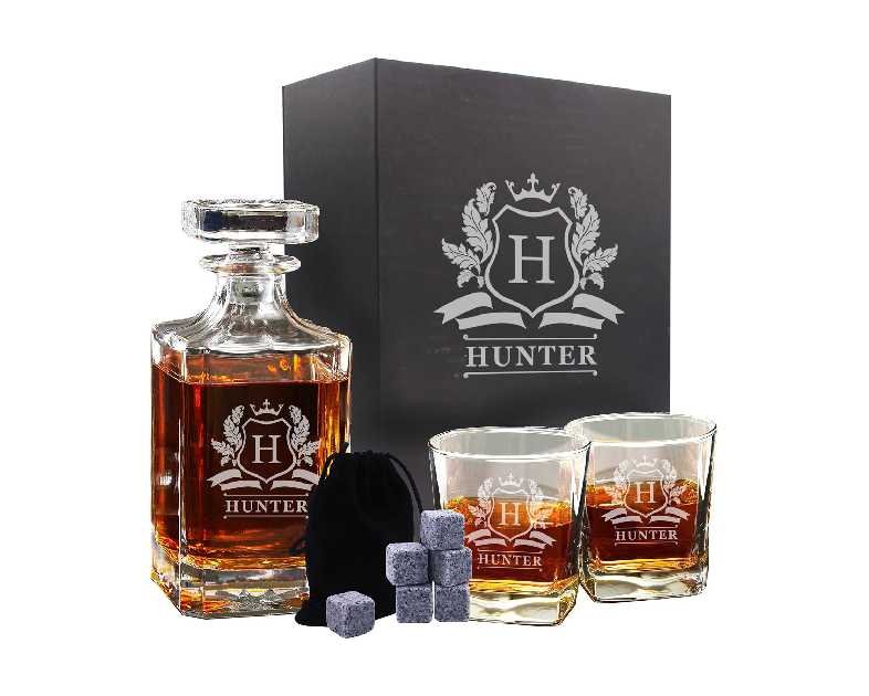 Personalized Whiskey Decanter and Glasses Set - Custom Monogrammed with Cavalier Design