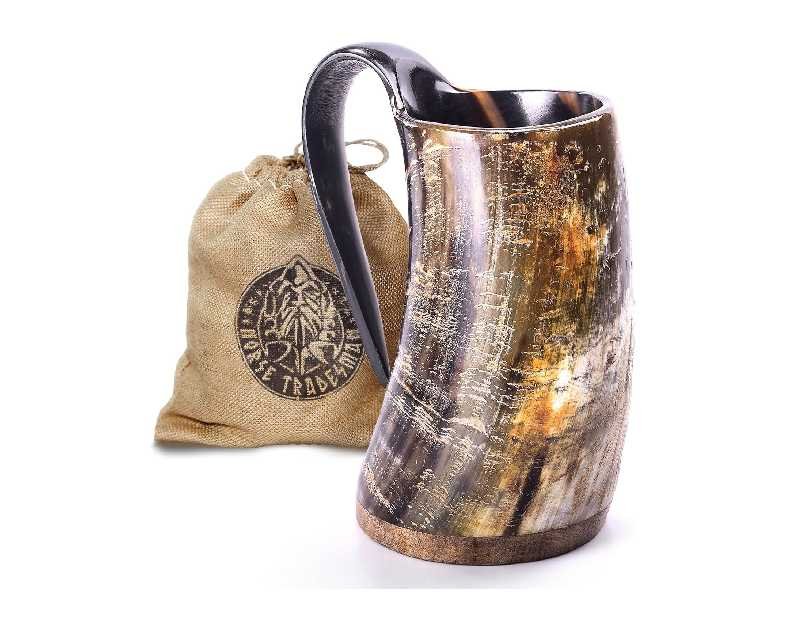 Norse Tradesman Original LG Viking Drinking Horn Mug - 100% Authentic Beer Horn Tankard With Natural Surface & Burlap Gift Sack | The Original, Low Polish, approx. 16 oz