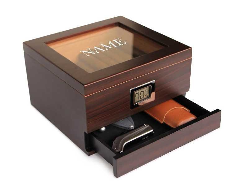 CASE ELEGANCE Monogrammed Glass Top Humidor with thick cedar, easy humidification system, accurate digital hygrometer - Renzo, Brown