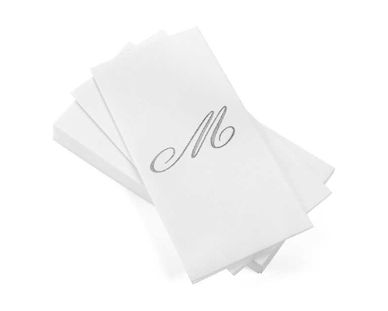 AMERICAN HOMESTEAD Disposable Hand Towels - Silver Foil Monogrammed Guest Napkins - Linen-Like Bathroom Paper Towels for Guests - Perfect Wedding and Party Napkins - 50 Count (Silver M)