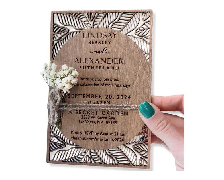 Pack of Personalized Wood Wedding Invitation - Laser Cut Wedding Invitations - White Flower Twined Wooden Invitations with Envelopes & Stickers
