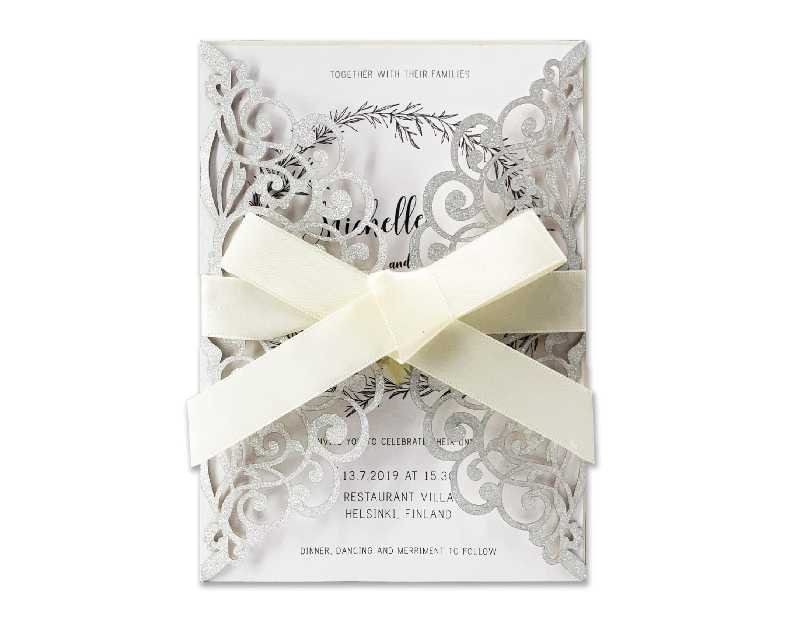 50Pcs Laser Cut Wedding Invitation With Glitter Envelopes And Ribbons Blank Personalized Card Invitaciones Para quinceañera Birthday Baby Shower Christmas Party Bridal Shower (Silver)
