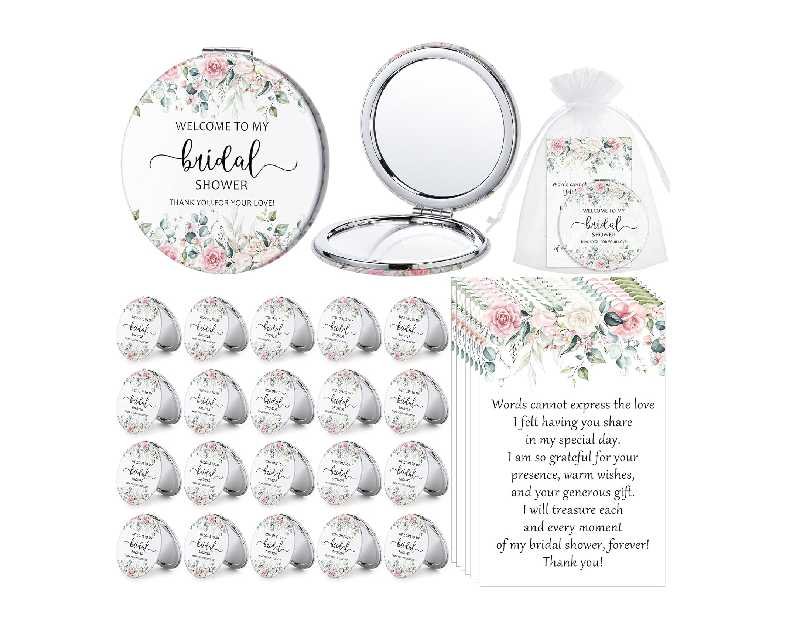 XunYee 50 Sets Bridal Shower Favors for Guests Flower Design Makeup Mirrors Leather Compact Mirrors Bridal Thank You Cards with Organza Bags Bridesmaid Gifts Wedding Party Favors Supplies